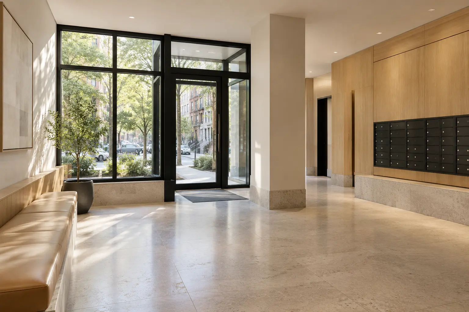 Bright, carefully maintained residential lobby with warm wood detailing