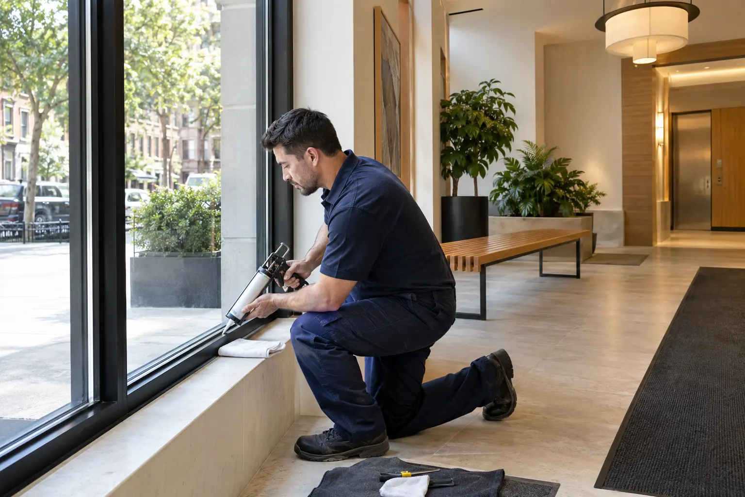 Handyman maintaining a building entrance in New York City